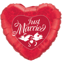 Just Married Red Heart with Love Birds balloon